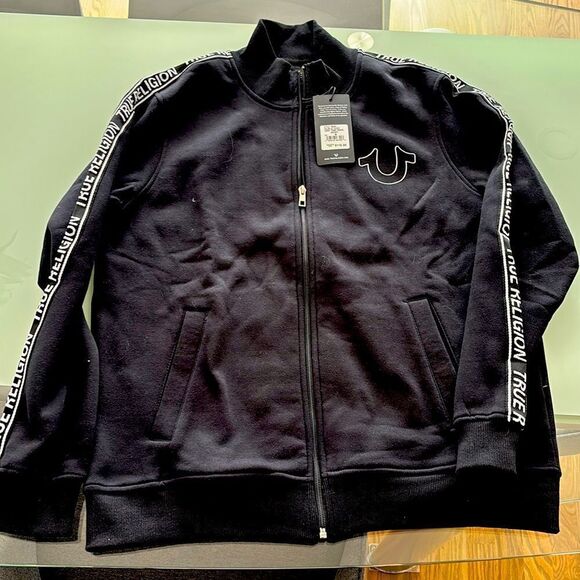 True Religion MWT hoodie jet black medium logo trim track jacket - Picture 2 of 6